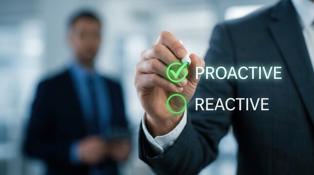 Concept of proactive versus reactive strategy with a person choosing the proactive option.