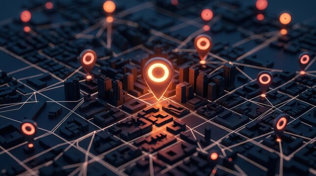 Urban geofencing concept showing a miniature city map with location markers for marketing and security.