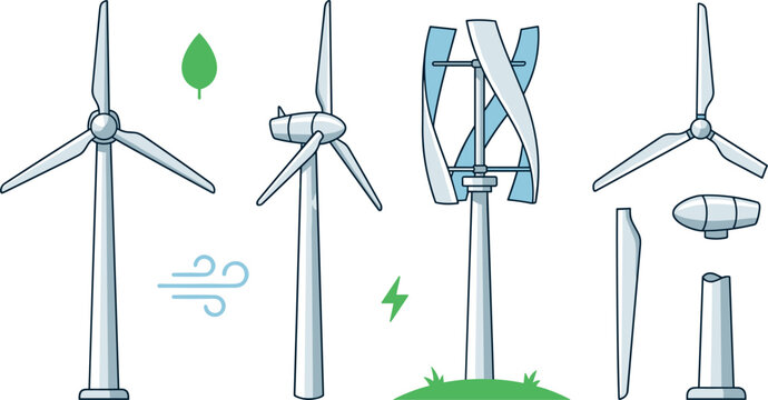 Wind Turbine and Renewable Energy Vector Set with Vertical Axis Turbine Rotor Blades Tower and Eco Friendly Electricity Icons