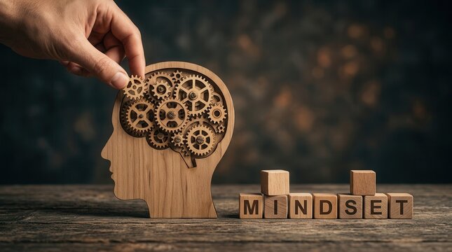 Concept of mental development with wooden cogs inside a human head profile and mindset letter blocks.