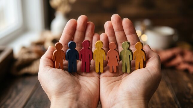 A concept of social inclusion featuring miniature people standing together in human hands.