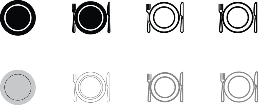 Collection of dining icons featuring plates forks and knives in solid black outline and gray styles for restaurant menu design