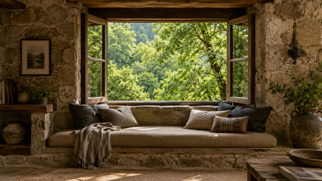 Window daybed nestled against stone wall overlooking forest