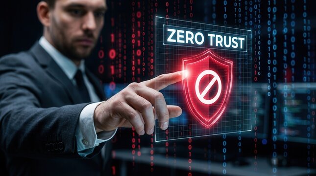 Zero trust security concept featuring identity and device verification in a digital network.