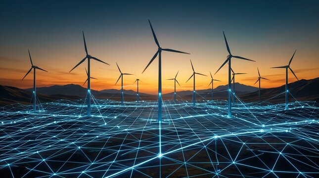 Smart technology integration and sustainable power solutions featuring wind turbines during sunset.