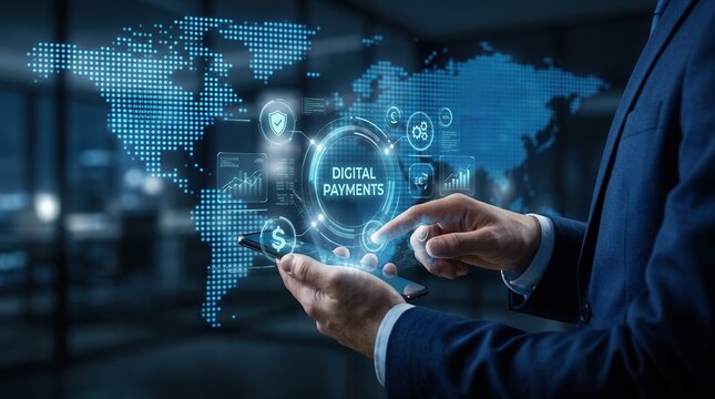 Digital payments and mobile wallet platforms shown through a businessman analyzing secure transaction processing.