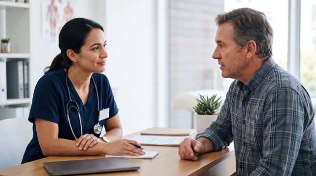 Calm medical consultation featuring a healthcare professional and adult patient in a bright welcoming clinical setting.