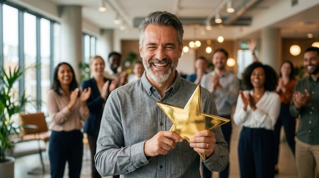 Successful businessman receiving employee recognition and appreciation from a cheering team.