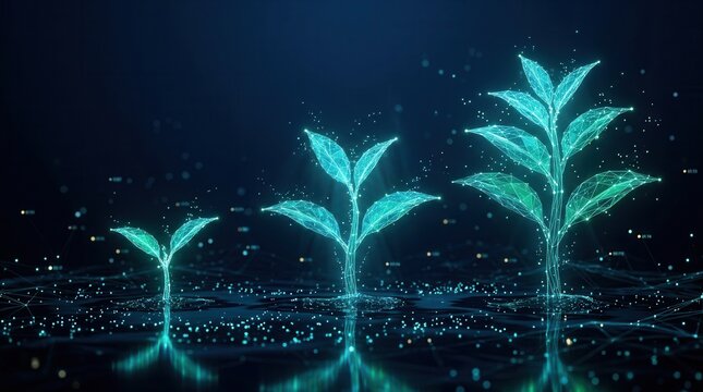 Digital plant sprouts showing growth stages from startup to scaled enterprise.