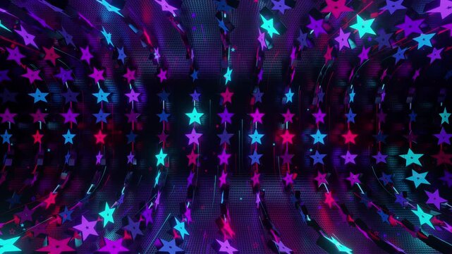 Seamless VJ loop with glowing neon stars abstract structure and psychedelic motion for high-tech club visuals, electronic music festivals, stage screens and for LED video walls