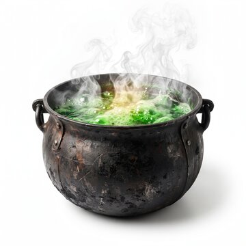 Halloween A rustic, dark cauldron bubbles with a vibrant, glowing green concoction, emitting a mystical wisp of steam. This imagery evokes a sense of magic, mystery, and the arcane arts.