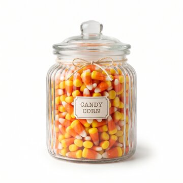 Halloween A glass jar filled with colorful candy corn, tied with twine and labeled, sits on a white surface, ready for a festive occasion.