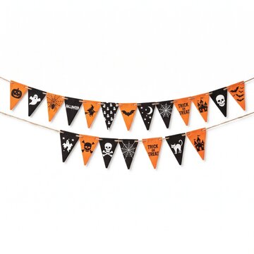 Halloween A spooky Halloween banner string with triangular flags, featuring classic symbols like ghosts, skulls, spiders, and pumpkins, creates a festive and eerie atmosphere for the holiday.
