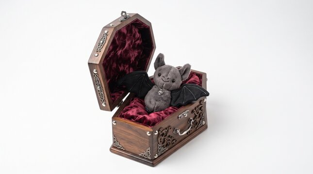 Halloween A tiny plush bat nestled in a velvety, ornate coffin, evoking a sense of whimsical gothic charm.