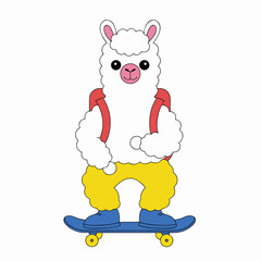 Fototapeta premium Chalkboard Fun themed SVG: Loving Alpaca with riding a skateboard in a Back to school environment