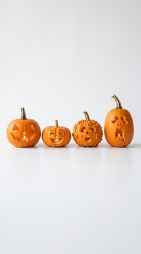 Halloween A lineup of four carved Halloween pumpkins with expressive jack-o'-lantern faces, showcasing a variety of sizes and textures, set against a clean white background.