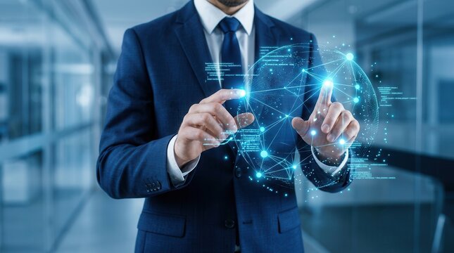 Machine learning algorithms and big data processing visualization held by a businessman.