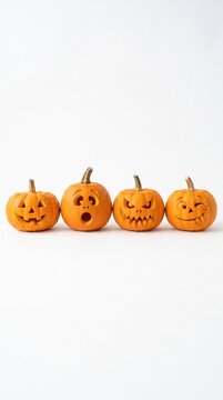 Halloween Four carved Halloween pumpkins with varied funny faces sit in a row against a plain white background, ready for the spooky season.