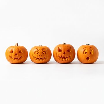 Halloween Four carved pumpkins display a range of distinct facial expressions, from happy to shocked, set against a clean white background.