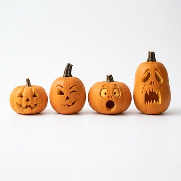 Halloween Four carved Halloween pumpkins with various expressive faces lined up against a stark white background, ready for spooky season festivities.