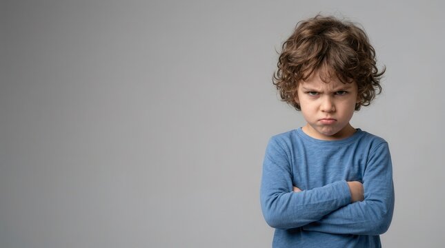 Furious little boy posing with crossed arms and an angry facial expression on a plain backdrop.