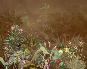 Antique Herbarium Botanical Illustration Sage Green Purple Flowers Luxury Wallpaper © Mondal_01