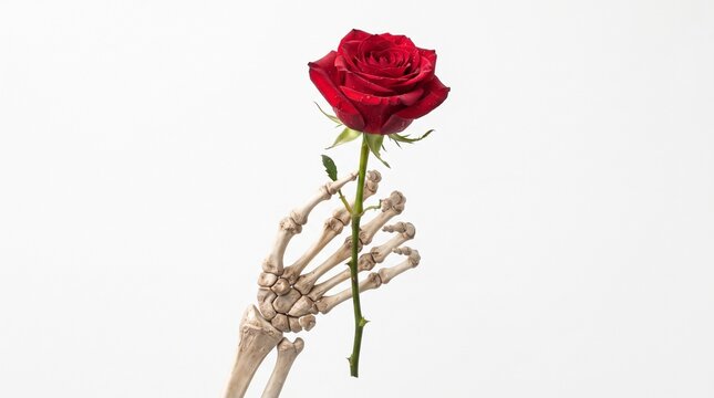 Halloween A skeletal hand gently offers a vibrant red rose, a poignant symbol of love's enduring presence even in the face of mortality.