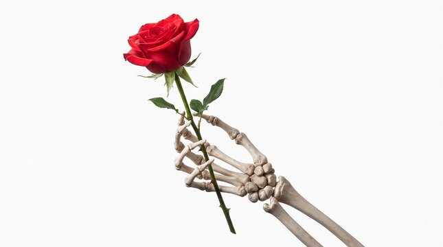 Halloween A skeletal hand gently holds a vibrant red rose, a poignant symbol of love and mortality against a clean, stark background.