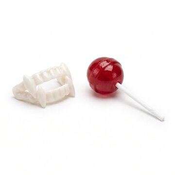 Halloween Vampire fangs and a red lollipop sit on a white surface, hinting at a playful Halloween theme.