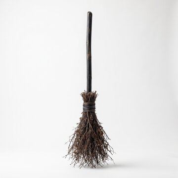Halloween A rustic witch's broomstick with a dark wooden handle and bristles made of dried twigs stands upright, evoking a sense of mystery and folklore, ready for a magical flight.