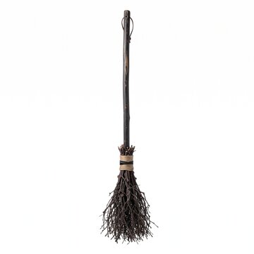 Halloween A rustic, old-fashioned broomstick crafted from natural twigs and wood stands upright, evoking a sense of vintage charm and fantasy.