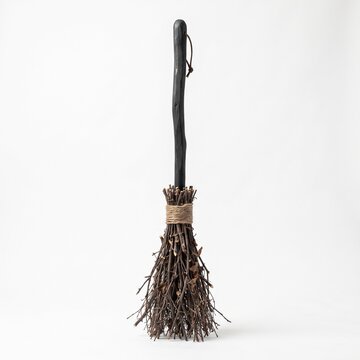 Halloween A rustic witch's broom, crafted from natural twigs and a dark wooden handle, stands ready for a magical night of Halloween festivities.