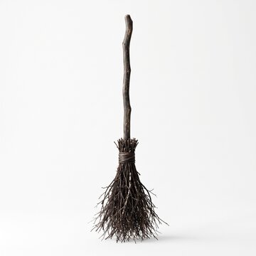 Halloween A rustic, handmade broom crafted from natural wood and twigs, standing upright against a clean background, evoking a sense of folklore and the magic of the season.