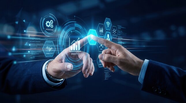 Unified operations panel being operated by a businessman for seamless business integration and connected processes.