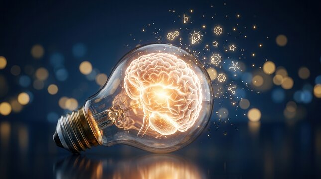 Creative thinking process concept featuring a luminous brain inside a light bulb with bokeh effects.