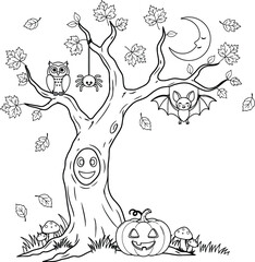 Fototapeta premium Halloween coloring page with spooky tree and pumpkin