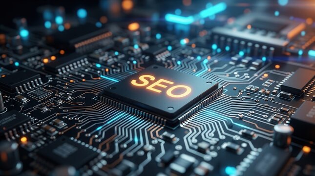 Digital marketing concept featuring SEO text on a high-tech microchip and circuit board.