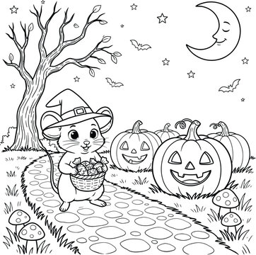 Cute mouse in witch hat trick or treating at halloween night