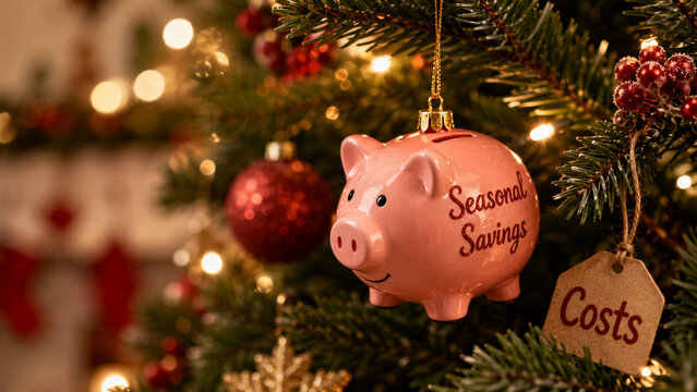Piggy bank ornament labeled seasonal savings hanging on tree