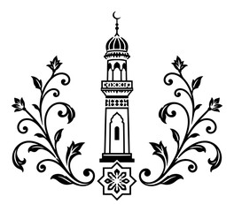 Obraz premium Minaret with crescent moon and symmetrical floral vine scrolls in decorative silhouette style
