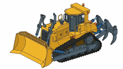 Heavy yellow bulldozer with tracked wheels and front blade. © pras