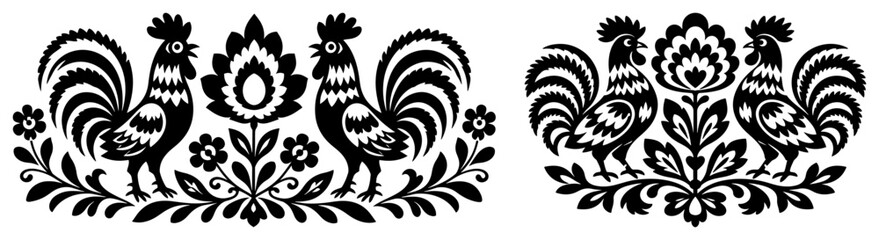 Traditional polish folk art roosters with flower ornament in wycinanki style © Katarzyna