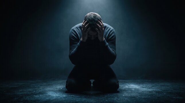 A silhouette of a lonely man suffering from mental health issues in a dark studio
