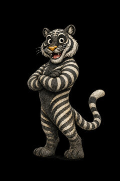Cartoon tiger mascot standing with arms crossed. Friendly animal character on black background.