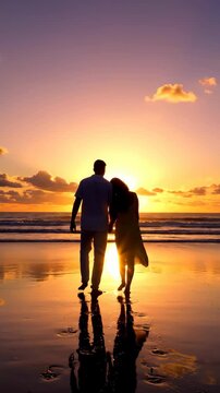 Couple walking on beach at sunset holding hands.