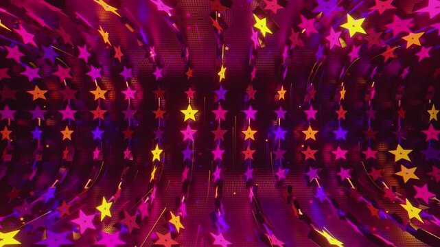 Seamless VJ loop with glowing neon stars abstract structure and psychedelic motion for high-tech club visuals, electronic music festivals, stage screens and for LED video walls