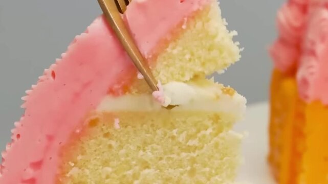 Fork taking a bite of vanilla layer cake with pink frosting and cream filling close-up