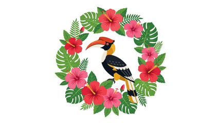 Exotic Hornbill Bird in Tropical Floral Wreath © Ojo