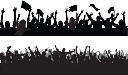 Obraz premium Dynamic silhouettes of people with raised hands, some holding flags and banners, conveying a strong sense of enthusiasm and unity, ideal for protest or celebration themes.