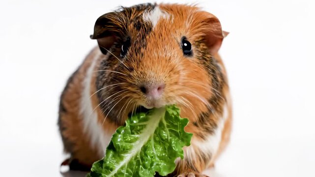 Cute Guinea Pig Eating Fresh Lettuce Studio Portrait.